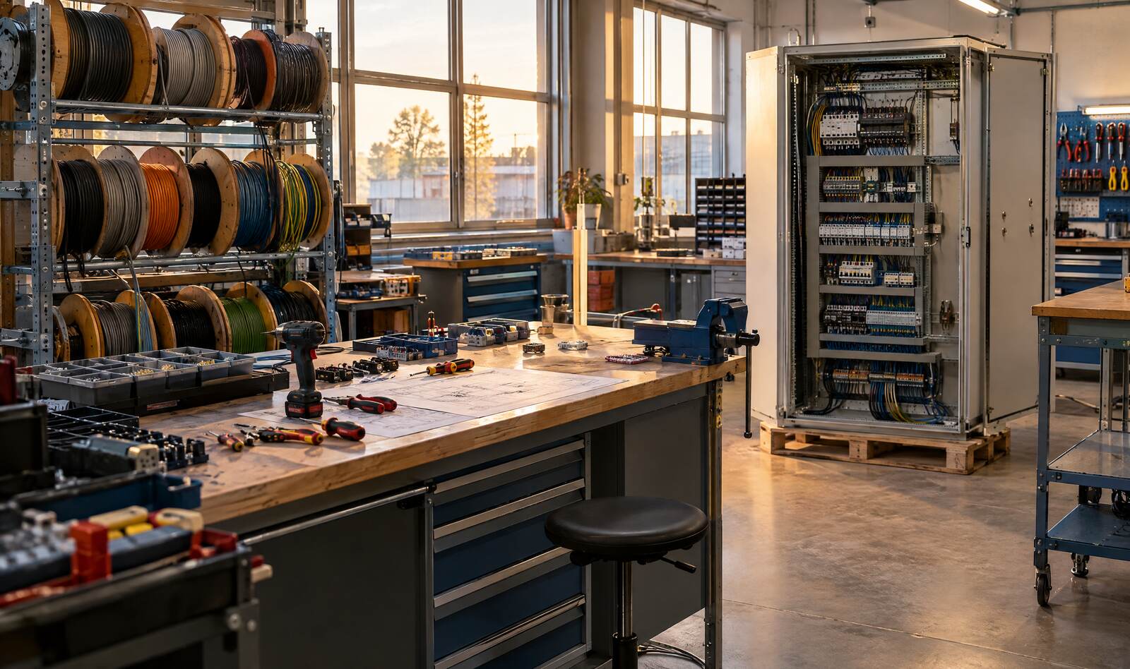 Elektrowerkstatt mit Kabeltrommeln, Werkbank und Schaltschrank im Aufbau
